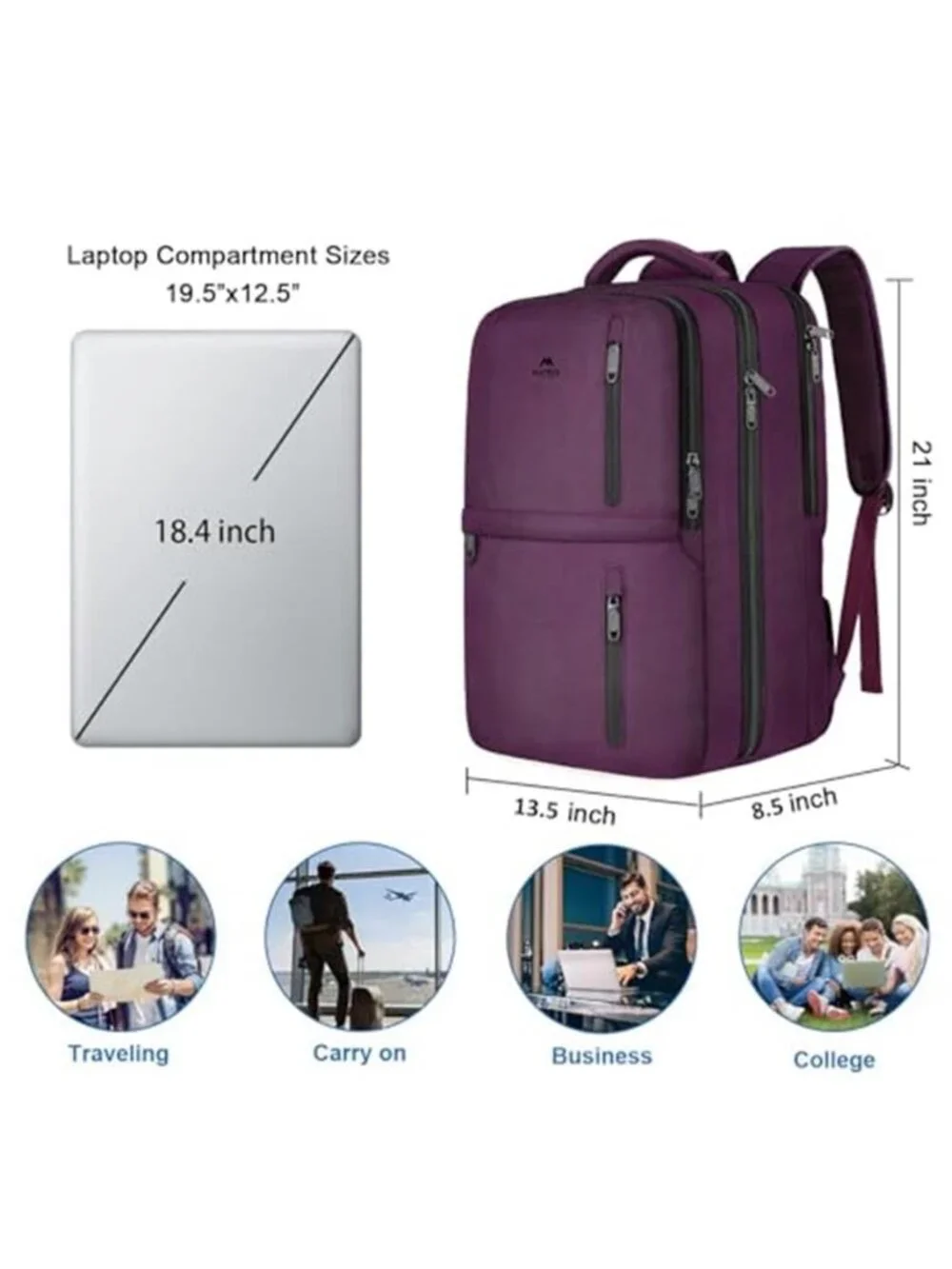 45L Carry On Travel Backpack Womens Laptop Bag Airline Approved Weekender Purple